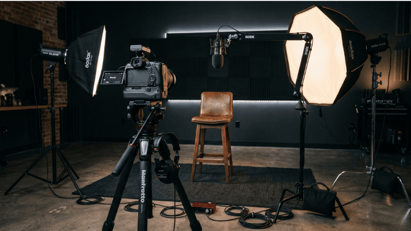 Professional video studio with camera, lights and microphone