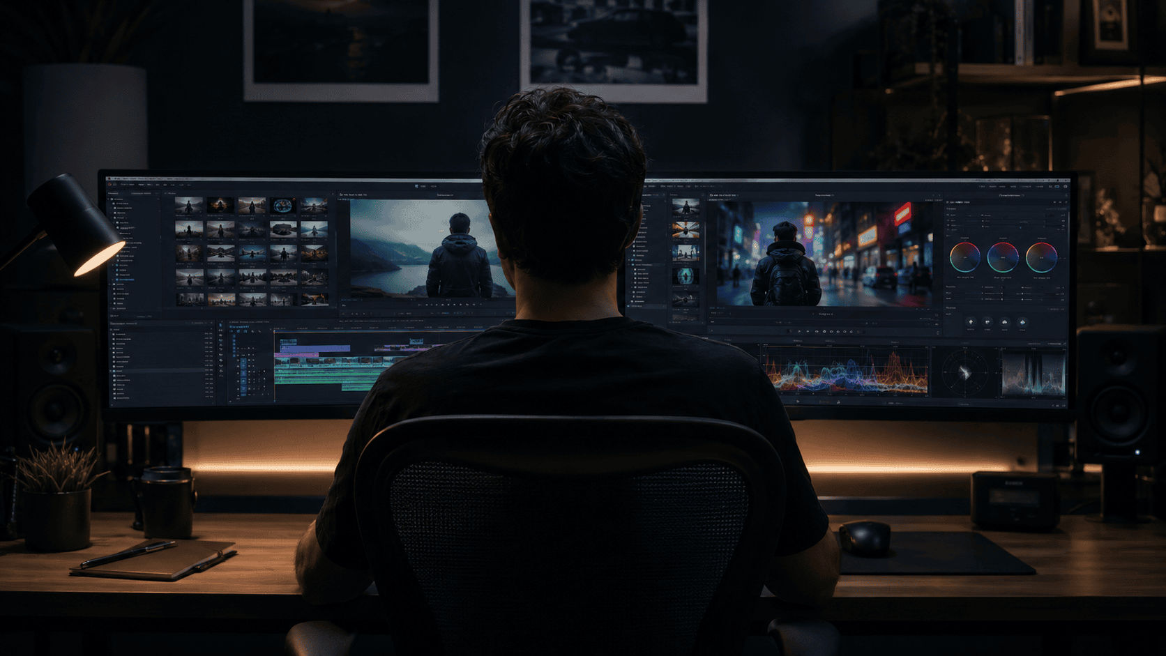 Editor working at a multi-monitor editing suite